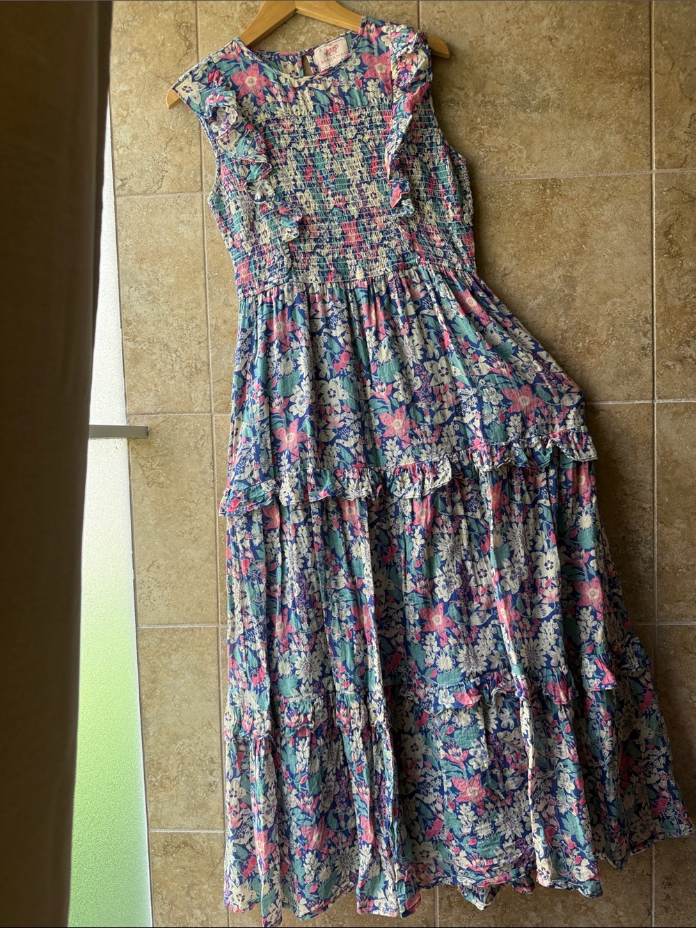 Banjanan Blue Anna’s Wild Garden Iris Dress Smocked Ruffles Tiered Skirt Pockets